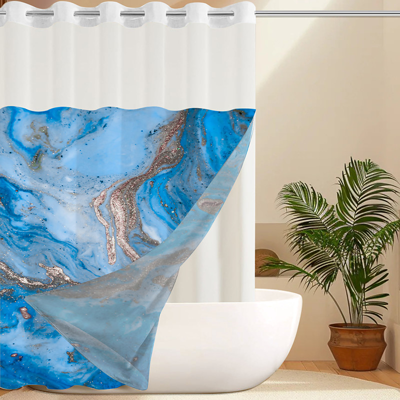 Marble Waffle-Weave Textured Shower Curtain Set with Snap-in Liner Sheer Window Water-Repellent Polyester, Grommet Top, 120GSM Hotel Quality Spa Style Bathroom Partition No Hooks Required