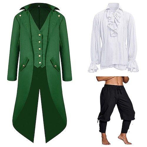 Sätze mit Smoking Frack Rüschenhemd Piratenhose 3 PCS Mittelalter Renaissance 18. 17. Jahrhundert Wikinger Piraten-Outfits Männer Ebenezer Scrooge Elf Aufführungsbühne Karneval Cosplay Kostüm Image