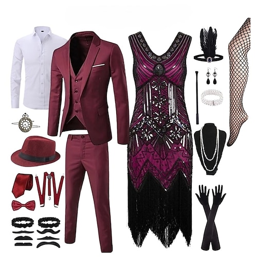 Brüllende 20er-Jahre-Kostüme für Paare, Gangster-Gentleman, Flapper-Mädchen, Paarkostüm, Anzüge, Blazer, Flapper-Kleid, 1920er-Jahre-Kostüm, das Great Gatsby-Outfit, Karneval, Maskerade, Abend, Image
