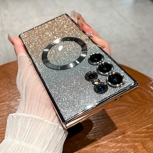 Handy Hülle Handyhüllen Für S25 S24 S24 FE S23 Ultra Plus Rückseite Magnetisch Unterstützt kabelloses Laden Bling Glitzer glänzend Retro TPU Beschichtung PC Image