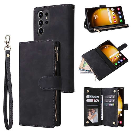 Handy Hülle Handyhüllen Für Samsung Galaxy S25 S24 S23 S23 FE S22 S21 Ultra Plus A14 A34 A54 A24 Brieftaschenhülle Reisverschluss Mit Handgelenkschlaufe Ständer Retro TPU PU-Leder Image