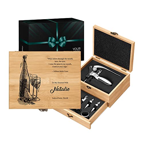 Maverton Wine Opener Set - Engraved Sommelier Corkscrew Set - Stainless Steel Wine Opening Accessories - Customized Wine Opening Kit in Bamboo Case - Gift for Woman - Picknick