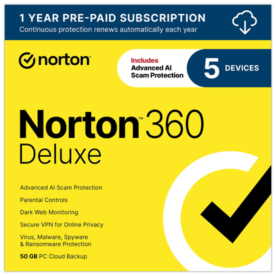 Norton 360 Deluxe, For 5 Devices, 1 Year Subscription, Windows Download