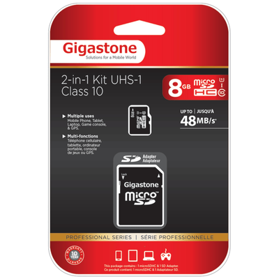 Gigastone Class 10/uhs-1 Microsdhc Card And Sd Adapter, 8Gb, Dem2 In1C1008Gr
