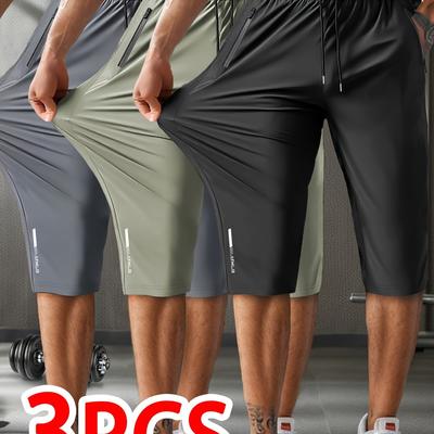 TEMU Set Of 3 Summer Breathable High- Drawstring Zip Pocket Stylish Men's Casual Sports Capri Pants Image
