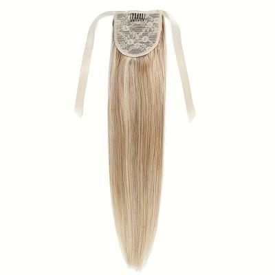 TEMU 1pc Elegant Ribbon Ponytail Human Hair Tie Wrapped Around Straight Ponytail Extensions #12p613 Color Hair Natural Look For Women, All , Daily Use, Real Human Hair Image