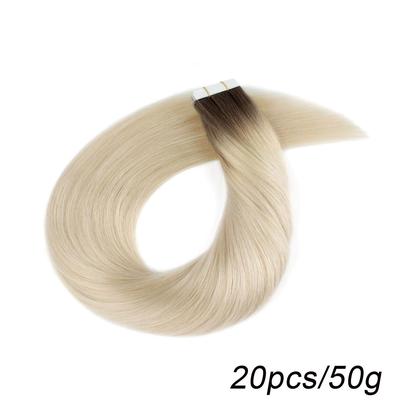 TEMU 20pcs Human Hair Extensions For Women, Pre-taped Double-sided Invisible Skin Weft, Platinum Ash Blonde To Dark Brown, Real Hair Extensions, 50g Image