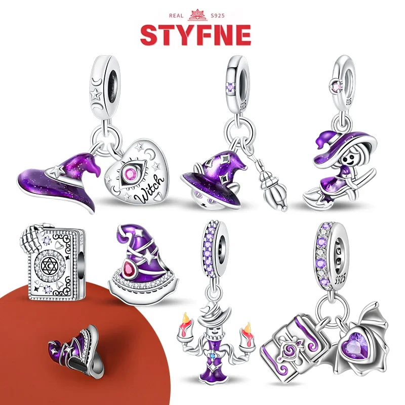 Argento 925 Viola Cappello da strega volante e ciondolo con libro magico Perline adatte per braccialetti originali Fascino di Halloween fai da te per regali di gioielli da donna