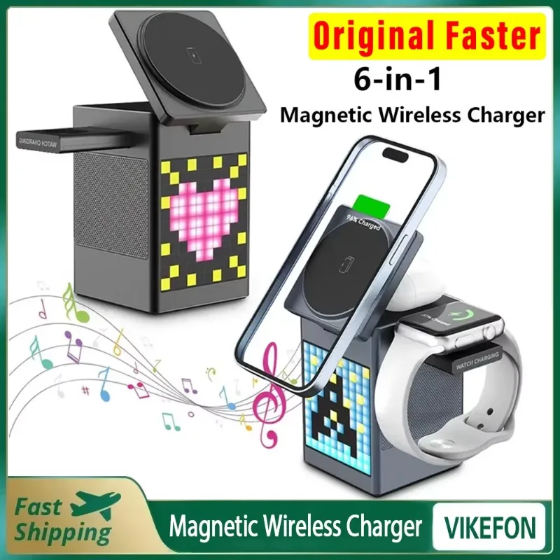 6-in-1 magnetisches Multifunktions-Wireless-Ladegerät mit Bluetooth-Lautsprecher, Wecker für iPhone 16 15 Pro Max für Airpods Iwatch Image