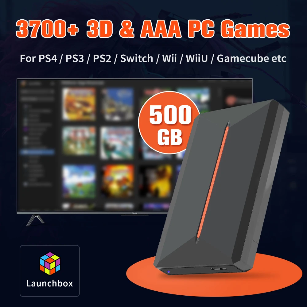 500GB tragbare Gaming-HDD-Launchbox-System-Festplatte mit 3700 3D/PC-Spielen für ps4/ps3/switch/wiiu/gamecube hyper base lbox Image