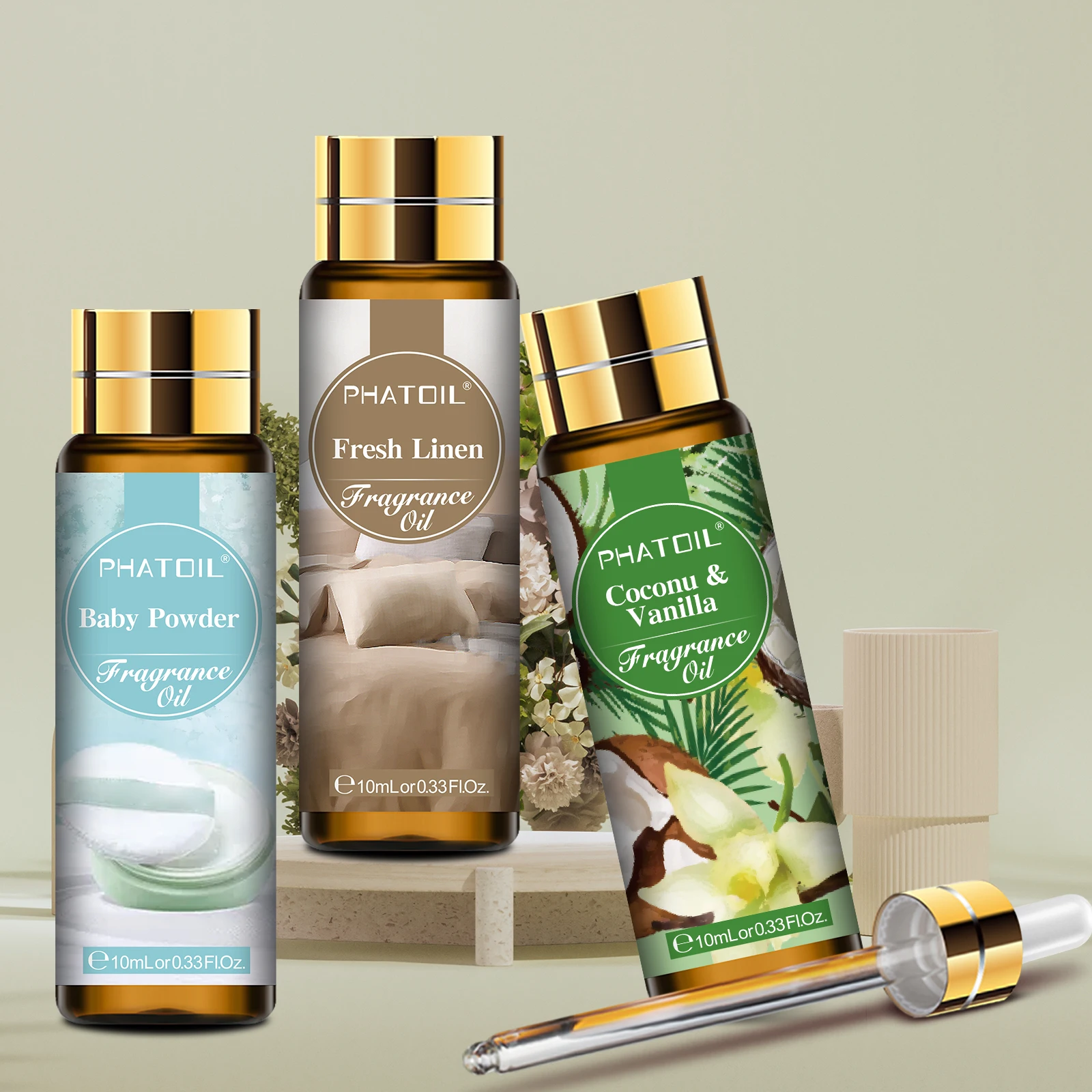 PHATOIL 3 Flaschen Duftöl-Set für Diffusor, Aromatherapie, 10 ml, Kokosnuss- und Vanille-Babypuder, frische Leinen-Aromöle Image