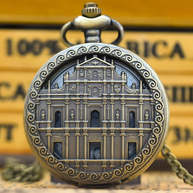 Vintage Bronze chinesische st. Paul's Kathedrale Ruinen Halskette Quarz Taschenuhr Geschenk Universal für männliche und weibliche Studenten Image