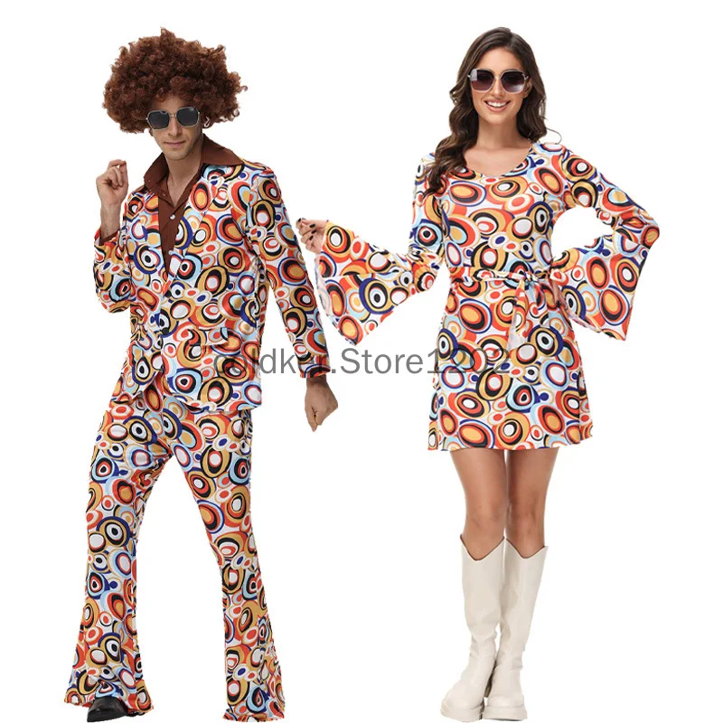 Männer Frauen Retro 70er 80er Hippie Kostüm Disco Rock Hip-Hop für Cosplay Paare Purim Halloween Disfraces De Adulto