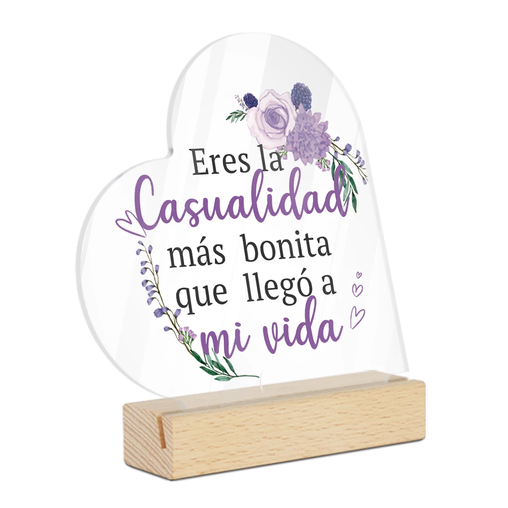 Putuo Decor 1 Stück spanisches herzförmiges Acrylschild mit Holzsockel, Tischdekoration, Dekoration für Zuhause, Bauernhaus, Kamin, Schlafzimmer Image