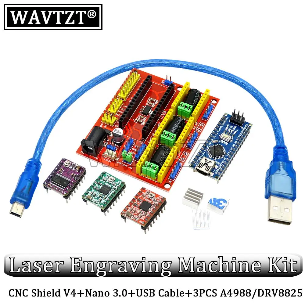 Cnc shield v4 gravier maschine 3d drucker 3 stücke a4988/drv8825 treiber erweiterungs karte nano 3. 0 mit usb kabel für arduino Image