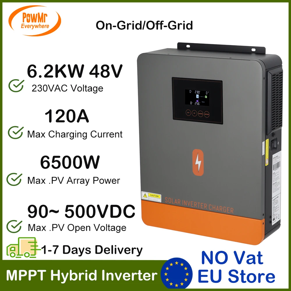 PowMr 6200VA 6200W onduleur solaire hybride 48VDC à 230V AC avec chargeur solaire 120A MPPT 500Vdc entrée PV onduleur à onde sinusoïdale Pure