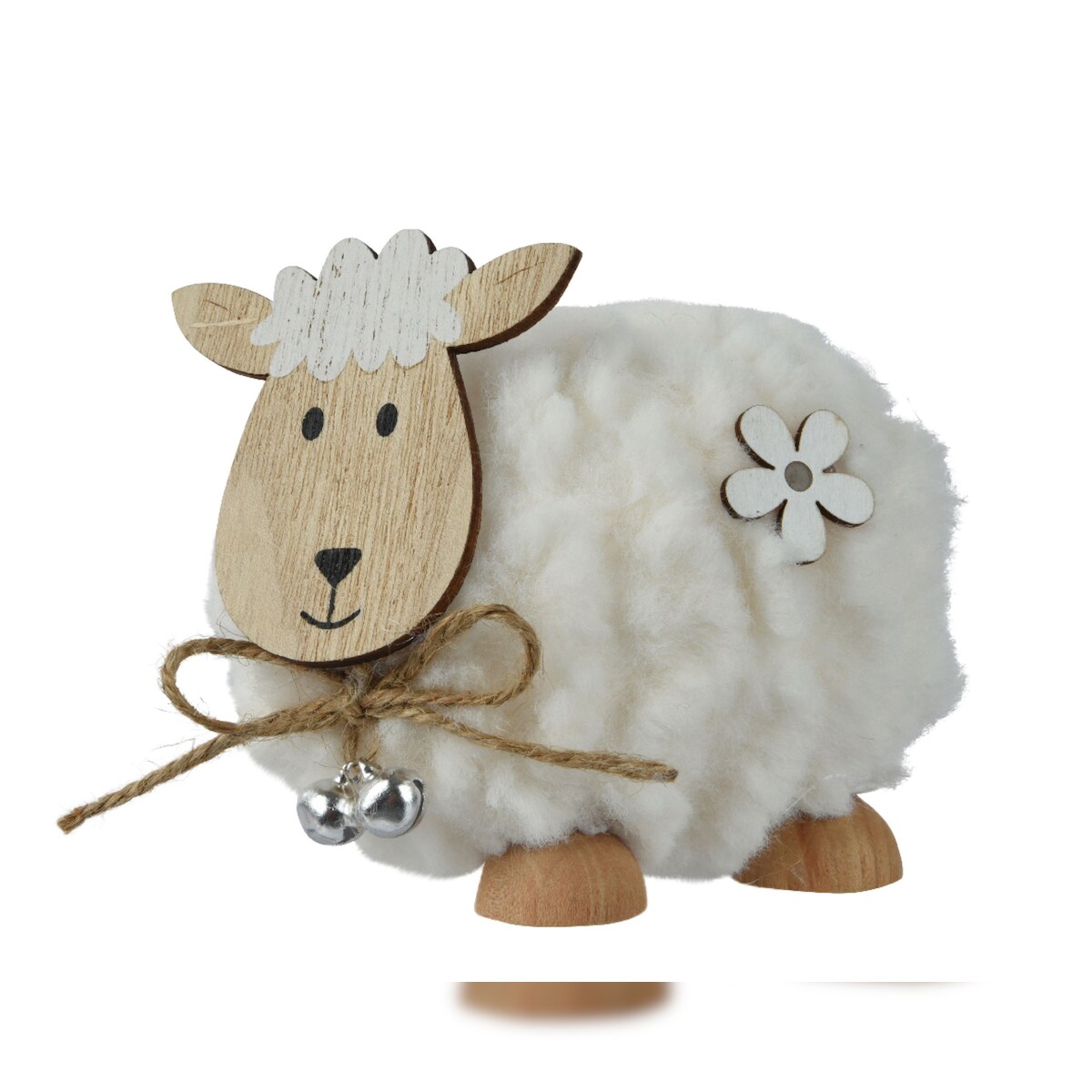 Decoris Dekofigur Schaf mit Glöckchen 8x11cm Holz Textil Dekoschaf Osterschaf Osterdeko Frühlingsdeko Tierfigur Schäfchen Natur Weiß Image