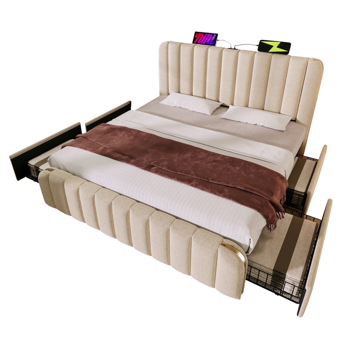 Merax 180*200 cm Polsterbett, gepolstertes Kopfteil mit goldenen Zierstreifen, USB Typ-C Ladefunktion, Leinen mit 4 Schubladen(Ohne Matratze), Beige Image