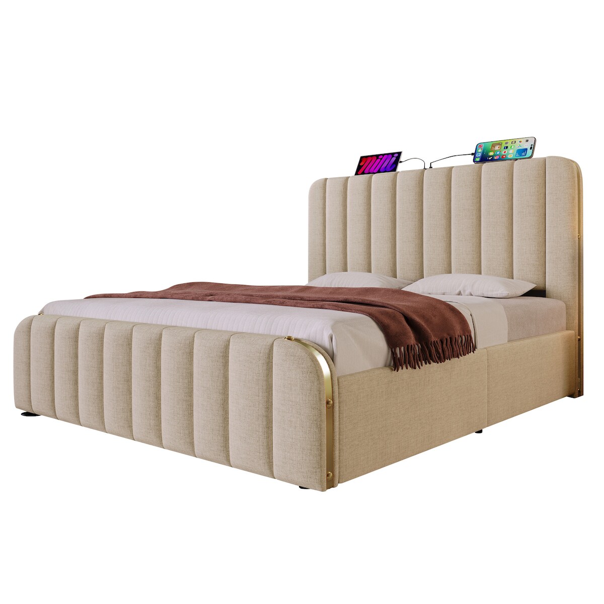 Merax 180*200 cm Polsterbett Doppeltes, gepolstertes Kopfteil mit goldenen Zierstreifen und ,USB Typ-C Ladefunktion, Leinen(Ohne Matratze), Beige Image
