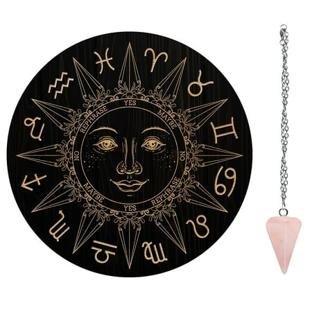 1Set 1Pc Wood Pendulum Board 1Pc 304 Stainless Steel Cable Chain Necklaces 1Pc Natural Rose Quartz Stone Pendants for Witchcraft Wiccan Altar Supplies Sun Pattern Board: 200x4mm DIY