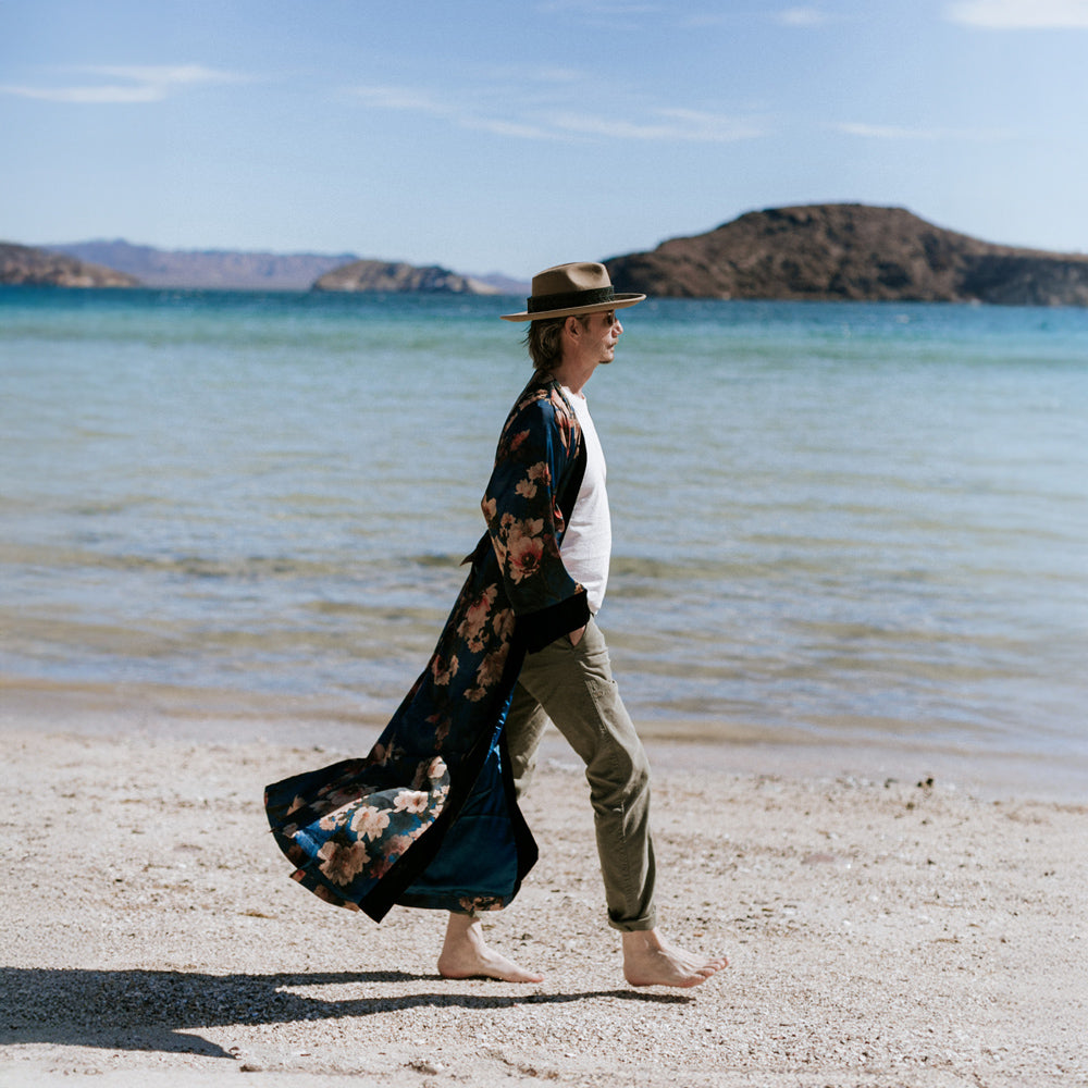 KIM+ONO Kimono Robe | Azumi Long Kimono Wrap | Polyester Charmeuse | Navy | Long