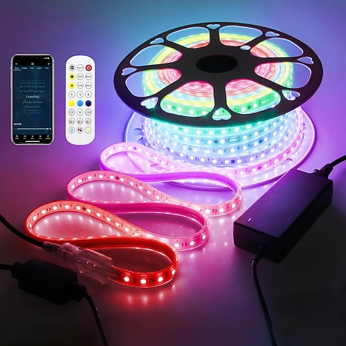 16–100 Fuß intelligenter RGB-IC-LED-Lichtstreifen – wasserdichte, mehrfarbige Lauflichter mit App- und Musiksynchronisation für Schlafzimmer und Außenbereich Image