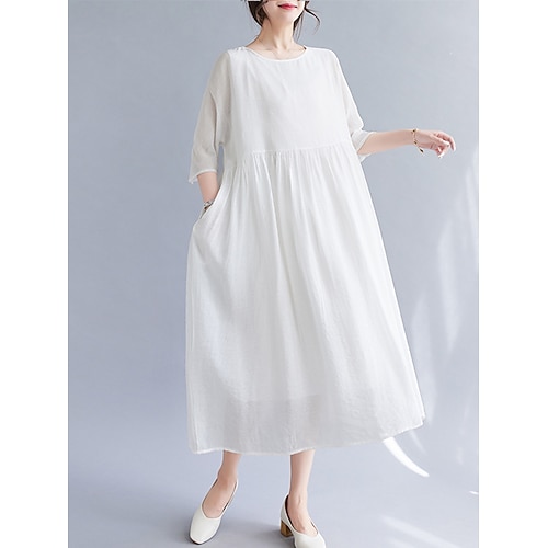 Damen Minikleid Baumwoll Mischung Kaftan Kleid Freizeitkleid Basic Lässig Täglich Urlaub Normale Passform Einfach Langarm Rundhalsausschnitt Weiß Gelb Sommer Image