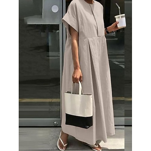 Damen Maxikleid Baumwoll Mischung Kaftan Kleid Freizeitkleid Maxikleid aus Baumwolle Basic Lässig Täglich Urlaub Lässiger Schnitt Einfach Kurzarm Rundhalsausschnitt Khaki Armeegrün Dunkelblau Grau Image