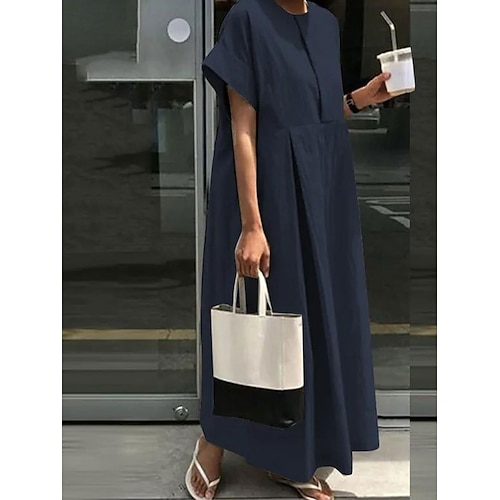 Damen Maxikleid Baumwoll Mischung Kaftan Kleid Freizeitkleid Maxikleid aus Baumwolle Basic Lässig Täglich Urlaub Lässiger Schnitt Einfach Kurzarm Rundhalsausschnitt Khaki Armeegrün Dunkelblau Grau Image