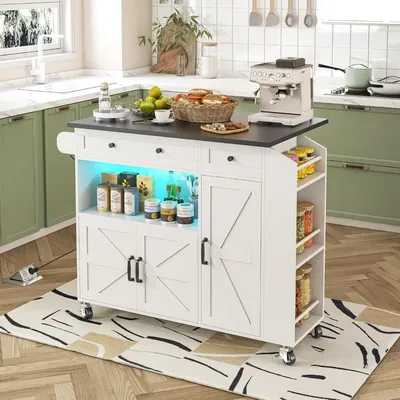Kitchen Island with Drop Leaf, Rolling kitchen island with power outlet and Led Light, Kitchen