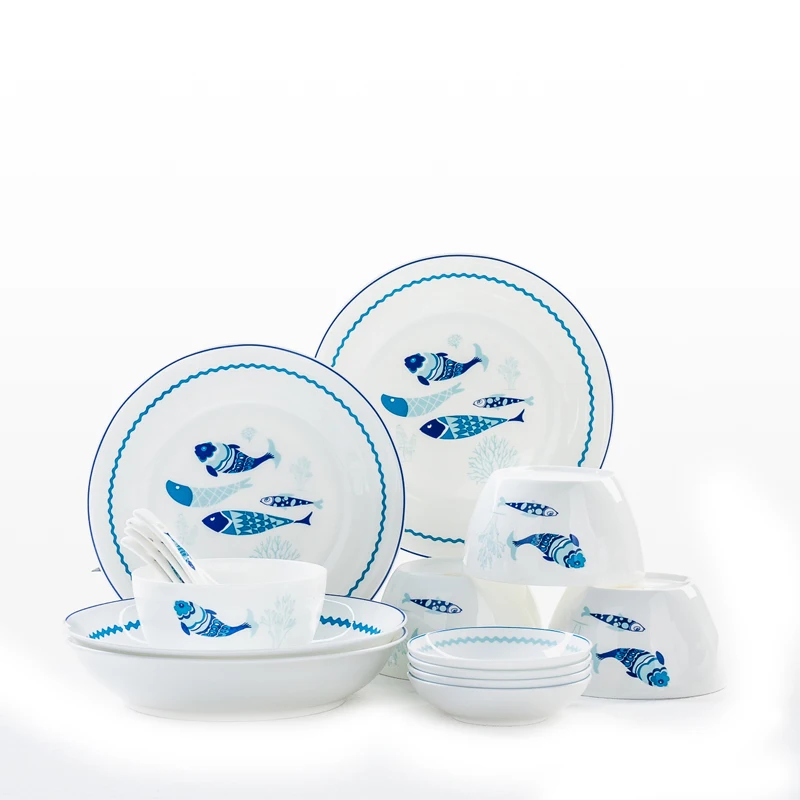 Set da 16 pezzi, set di piatti da pranzo in porcellana fine, design a forma di pesce, set da pranzo in porcellana, set di ciotole, set di servi in ceramica, servizio da tavola,