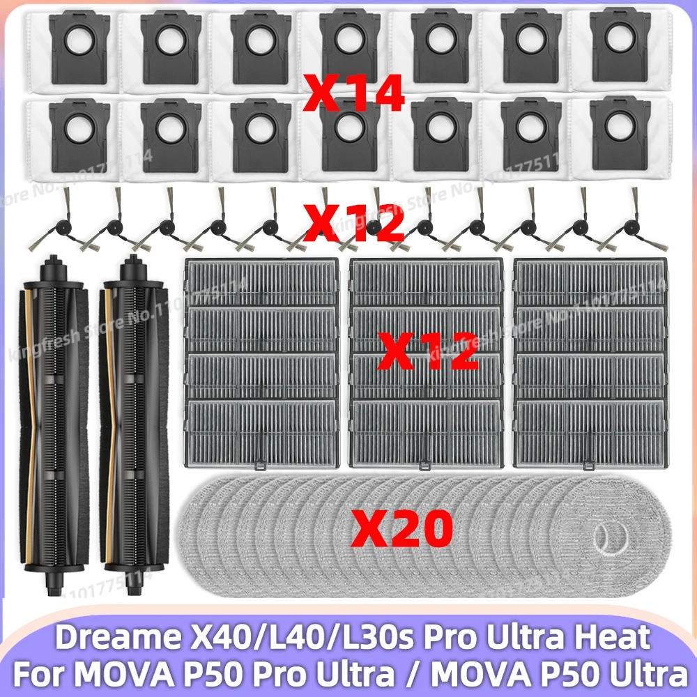 Compatibile con (MOVA P50 PRO ULTRA/ MOVA P50 Ultra,Dreame X40 Ultra/ L40 Ultra/ MOVA P10 PRO ULTRA) Parti per Aspirapolvere Rullo Principale Tricut Spazzola Laterale Filtro Panno per la Pulizia