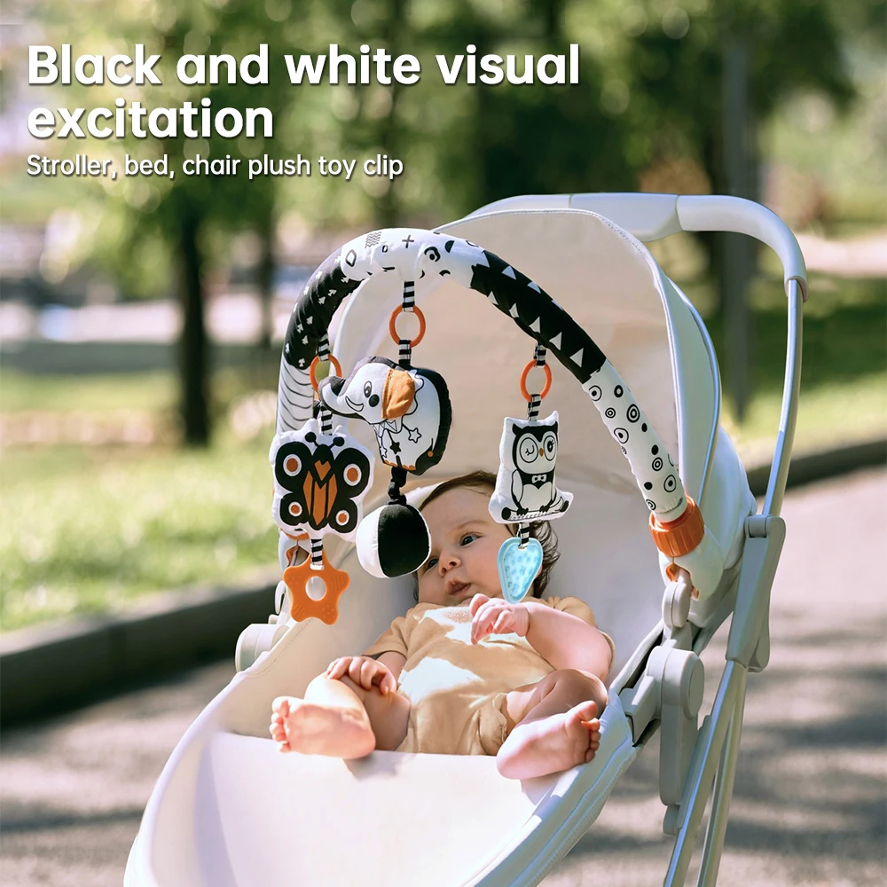 TUMAMA Baby-Plüschbogen, sensorisches Spielzeug für Autositz, Kinderwagen, Kinderbett, Babyspiel, Hängespielzeug, abnehmbare Raschelnde Eule, Rebound-Elefant