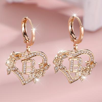 TEMU Cubic Zirconia Heart Drop Earrings With Letter Engraving A-z, Synthetic Zirconia Dangle Earrings, Copper Ear Needle, No Plating, With , For Women, Over 15 Years Old, College Theme Image