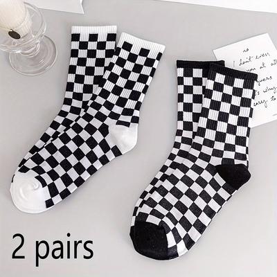 TEMU Sokuci Checkerboard Mid-calf Socks - Breathable Sports Socks With Color , Elastic Ribbed Cuffs For , Unisex Casual & Athletic Wear (black & White), Comfortable Sock Fabric Image