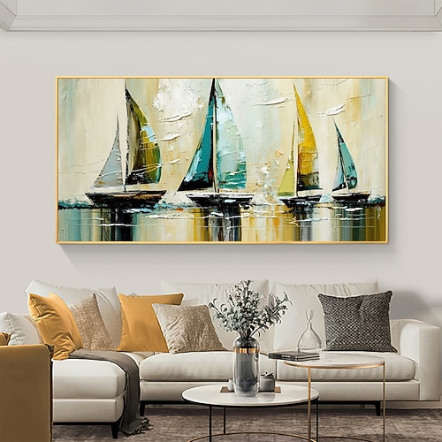 Handgefertigtes originales nautisches Ölgemälde „Segelboot" auf Leinwand, Wanddekoration, abstraktes Landschaftsgemälde für die Inneneinrichtung mit gespanntem Rahmen/ohne Innenrahmen Image