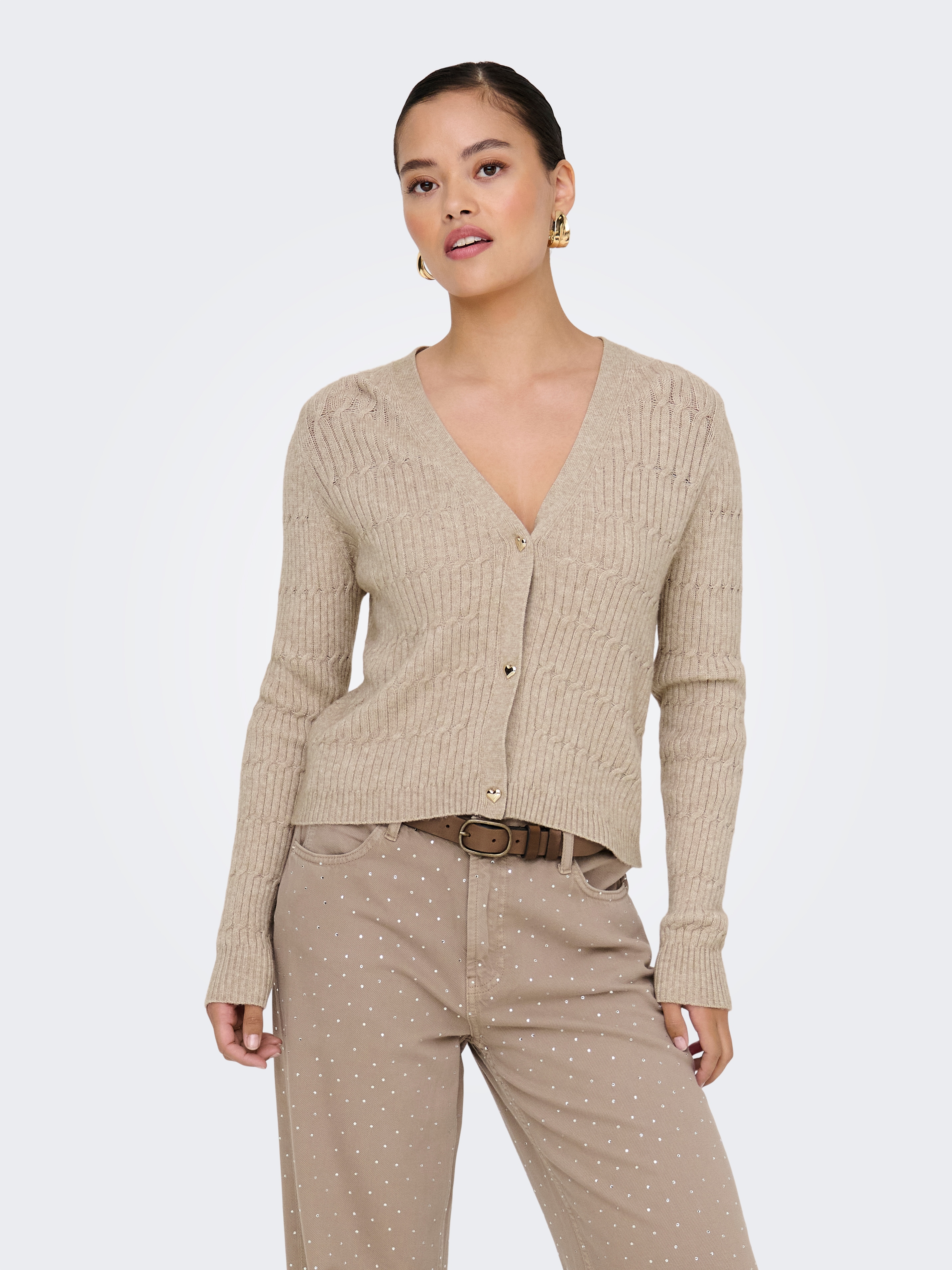 Strickjacke ONLY "ONLKATIA LS CABLE V-NECK CARDIGAN CC KNT", Damen, Gr. M, braun (mocha meringue detail:with melange), Strick, Obermaterial: 50% Viskose, 27% Nylon, 23% Polyester, meliert, figurbetont normal, V-Ausschnitt, Rippbündchen, Strickjacken...