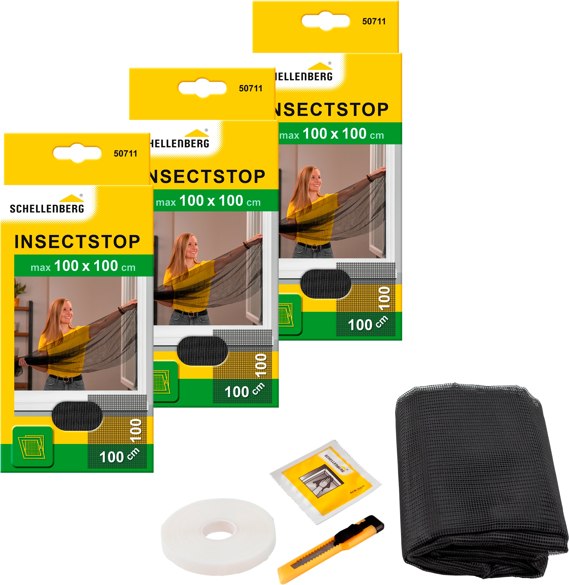 Fliegengitter-Gewebe SCHELLENBERG "für Fenster ohne bohren", grau (rahmen: grau gewebe: grau), B:100cm H:100cm, Insektenschutzgitter, Insektenschutz inkl. Befestigungsband, 100 x 100 cm, weiß, anthrazit