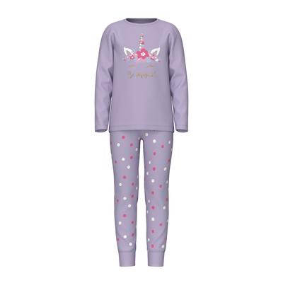 Schlafanzug NAME IT "NKFNIGHTSET PASTEL LILAC MAGICAL NOOS", Kinder, Gr. 98 (104), lila (pastel lila), Jersey, Obermaterial: 95% Baumwolle, 5% Elasthan, bedruckt, casual, regular fit normal, Rundhals, Langarm abgesteppte Kante, Homewear-Sets, mit... Image