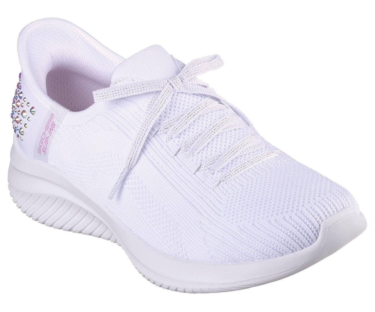 Slip-On Sneaker SKECHERS "ULTRA FLEX 3.0-SHINING GLITZ", Damen, Gr. 40, weiß, Textil, Glitzer, Schuhe Sneaker, Komfortschuh, Slipper, Sneaker mit coolen Glitzer-Nieten