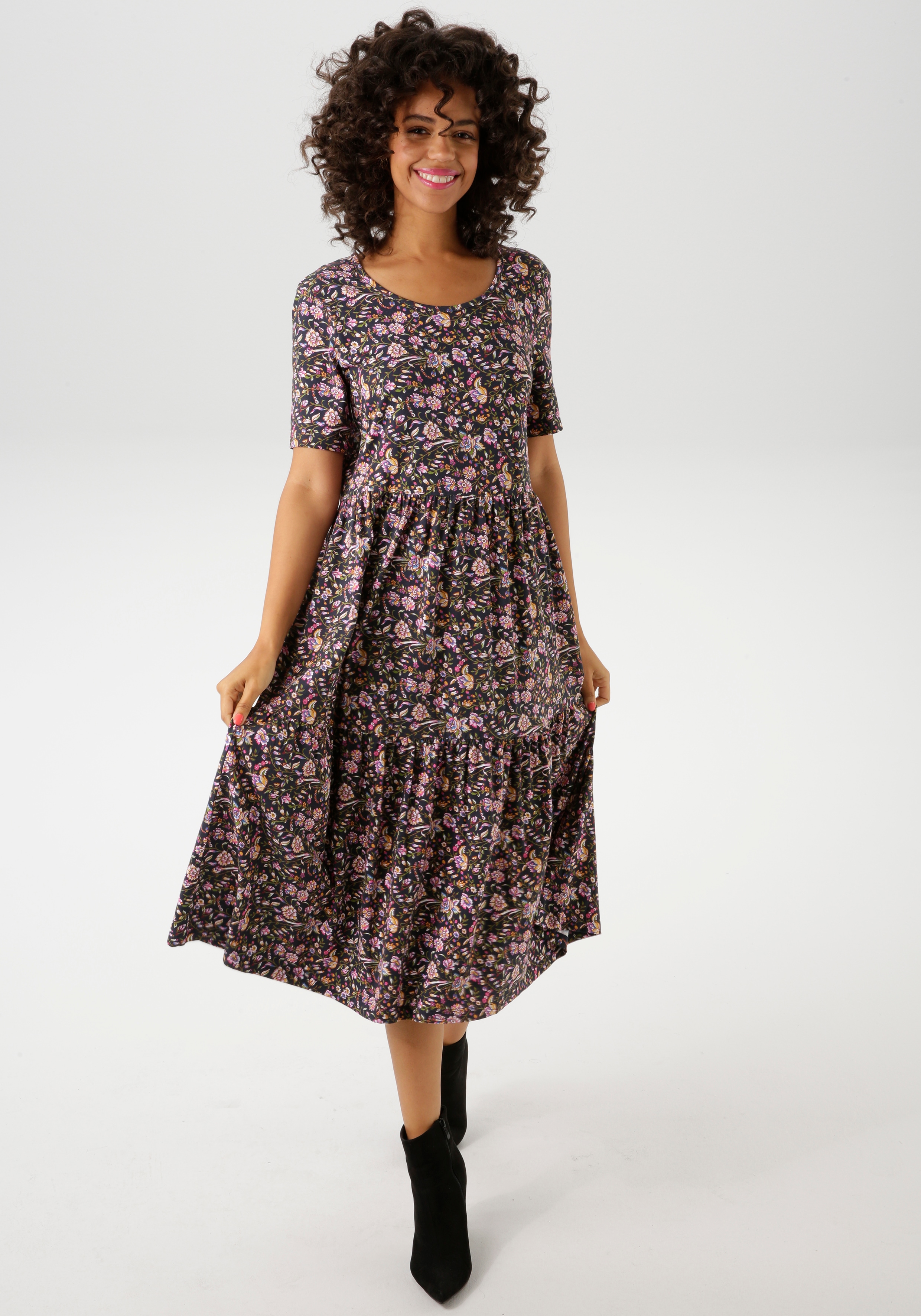 Sommerkleid ANISTON CASUAL, Damen, Gr. 48, N-Gr, rot (marine, maismoosgrün, weiß, rosa, pink, blau, bordeaux, braun), Single Jersey, Obermaterial: 95% Baumwolle, 5% Elasthan, bedruckt, geblümt, figurumspielend wadenlang, Rundhals, Kleider...