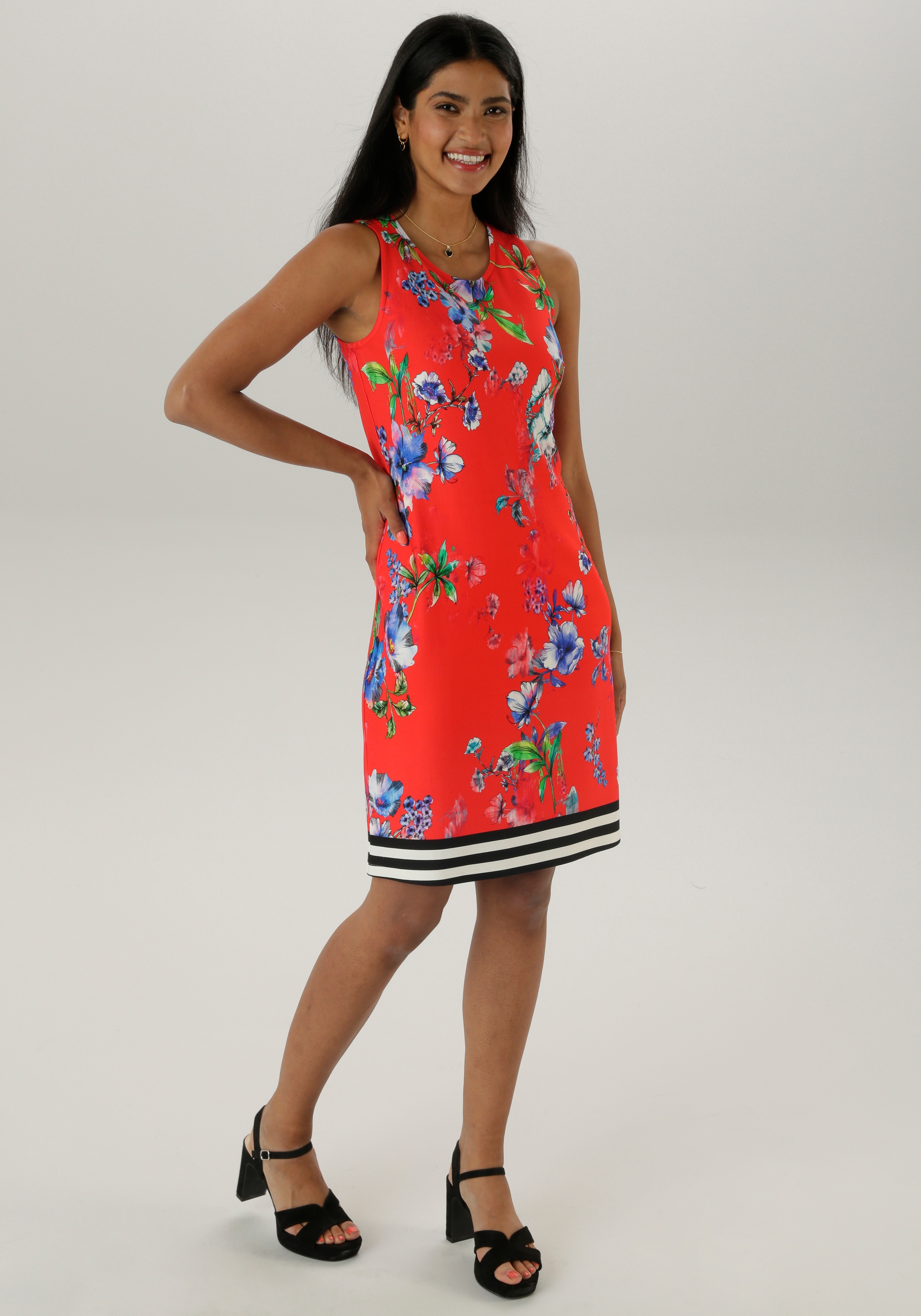 Sommerkleid ANISTON SELECTED, Damen, Gr. 46, N-Gr, schwarz (rot, hellblau, blau, hellgrün, grün, weiß, rose, lila, türkis, petrol, schwarz, gelb,), Milano Rib, Obermaterial: 85% Viskose, 10% Polyester, 5% Elasthan, bedruckt, geblümt, gestreift,...