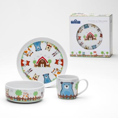 Kindergeschirr-Set VAN WELL "Kinderset Fuchs und Freunde, 3-teilig, Geschirr-Set, Service", bunt (weiß, bunt), 3 tlg., Porzellan, Geschirr-Sets, mit farbenfrohem Dekor, spülmaschinen- und mikrowellengeeignet Image