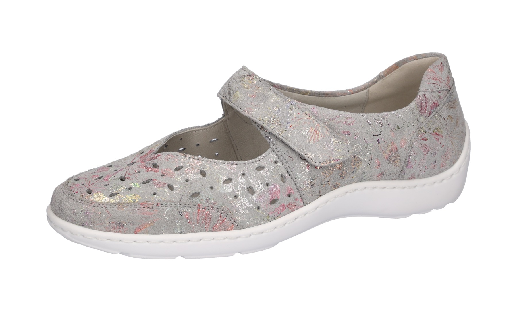 Riemchenballerina WALDLÄUFER "HENNI", Damen, Gr. 5 (38), grau (hellgrau), Veloursleder, metallic, Schuhe Riemchenballerina, Keilabsatz, Halbschuh, Komfortschuh mit Perforation, Weite H