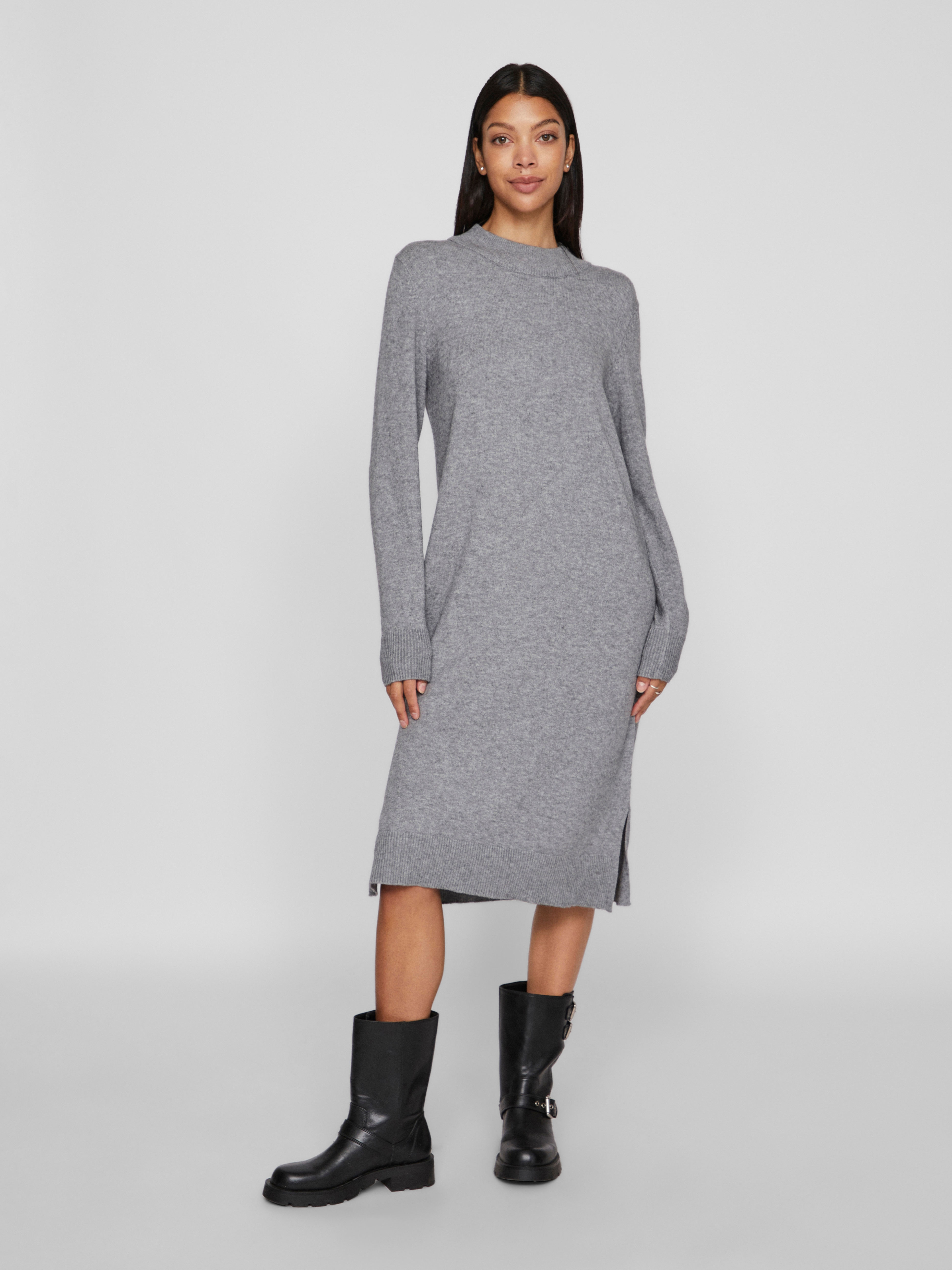 Strickkleid VILA "VIRIL CREW NECK L/S MIDI DRESS - NOOS", Damen, Gr. XL, N-Gr, grau (medium grau melange), Feinstrick, Obermaterial: 50% Viskose, 27% Nylon, 23% Polyester, unifarben, regular fit knielang, hoch geschlossener Ausschnitt, Kleider...