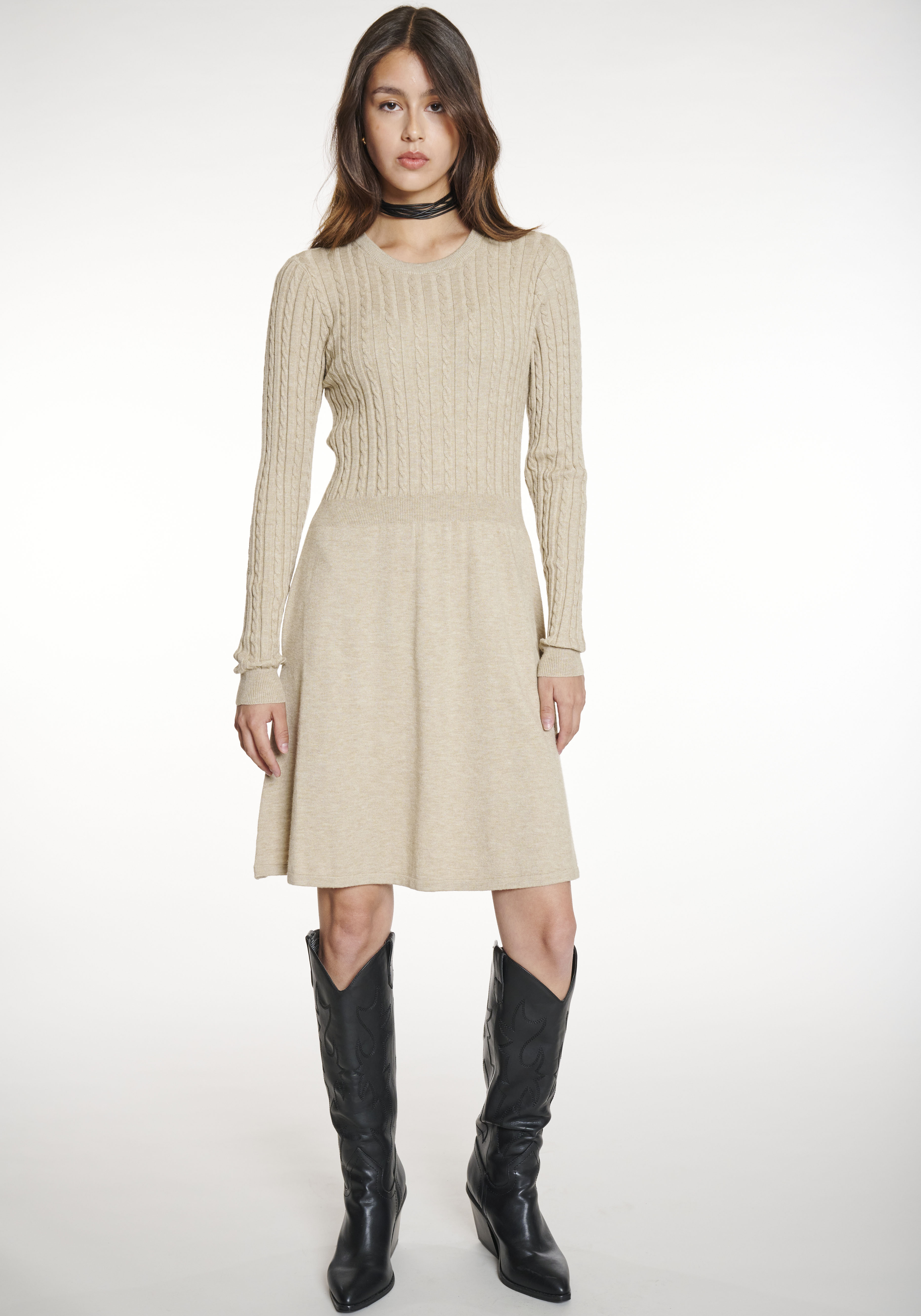 Strickkleid HAILY’S "SH V DR Au44relia", Damen, Gr. M, N-Gr, beige (beige marl), Strick, Obermaterial: 50% Viskose, 27% Nylon, 23% Polyester, meliert, Rundhals, Kleider Strickkleid