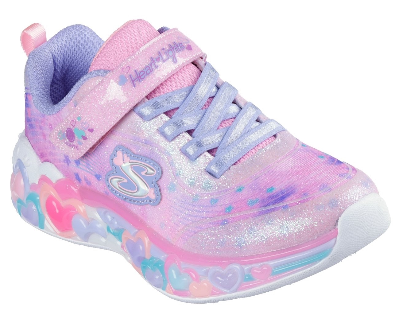 Sneaker SKECHERS "ETERNAL HEART LIGHTS", Mädchen, Gr. 28, bunt (hellrosa, multi), Synthetik, Textil, Glitzer, kontrastfarbene Details, Schuhe Sneaker, Blink,-Klettschuh mit Herz-Applikation, Größenschablone zum Download