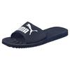Badesandale PUMA "PURECAT", Gr. 40,5, blau (peacoat, weiß), Synthetik, sportlich, Schuhe Badelatschen Pantolette