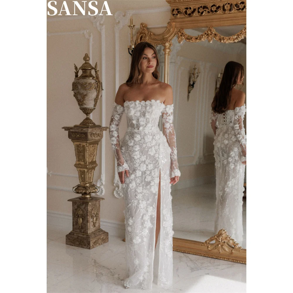 Sansa – robe De mariée formelle en dentelle blanche, personnalisée, longueur au sol, épaules dénudées, ligne a brodée