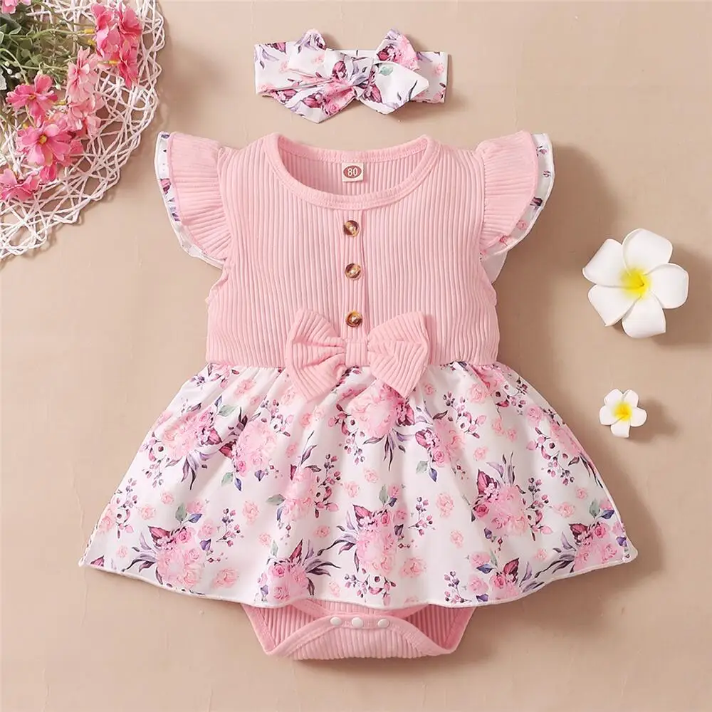 Robe barboteuse florale à manches volantées pour bébé fille de 0 à 18 mois, combinaison de lit avec bande de sauna, tenue 2 pièces pour nouveau-né